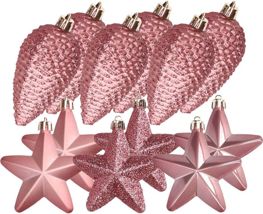 Decoris Dennenappels en sterren kerstornamenten 12 stuks kunststof oudroze Kersthangers