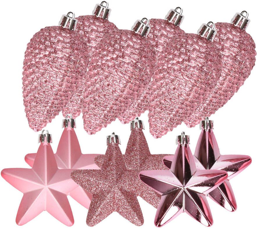 Decoris Dennenappels en sterren kerstornamenten 12 stuks kunststof roze Kersthangers