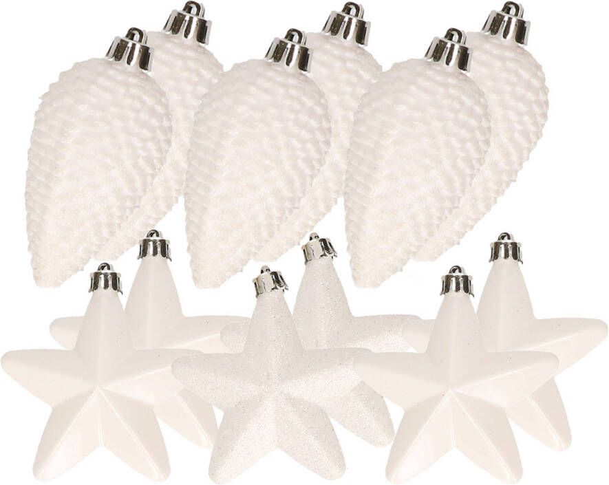 Decoris Dennenappels en sterren kerstornamenten 12 stuks kunststof wit Kersthangers