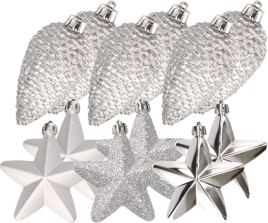 Decoris Dennenappels en sterren kerstornamenten 12 stuks kunststof zilver Kersthangers