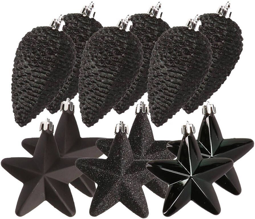 Decoris Dennenappels en sterren kerstornamenten 12 stuks kunststof zwart Kersthangers