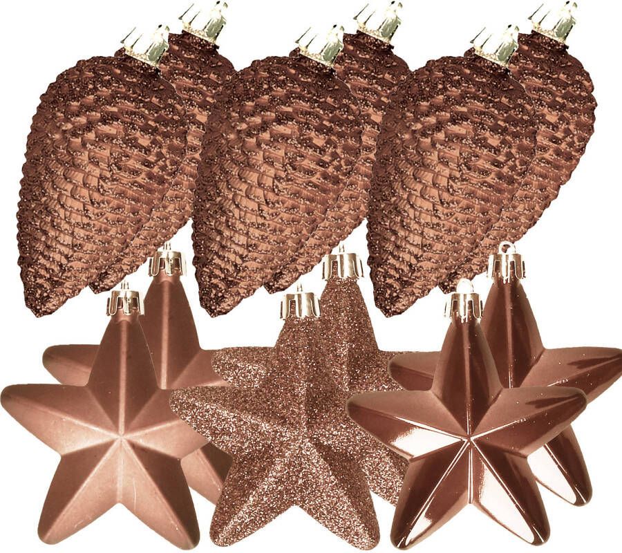 Decoris Dennenappels en sterren kerstornamenten 12x stuks kunststof bruin Kersthangers