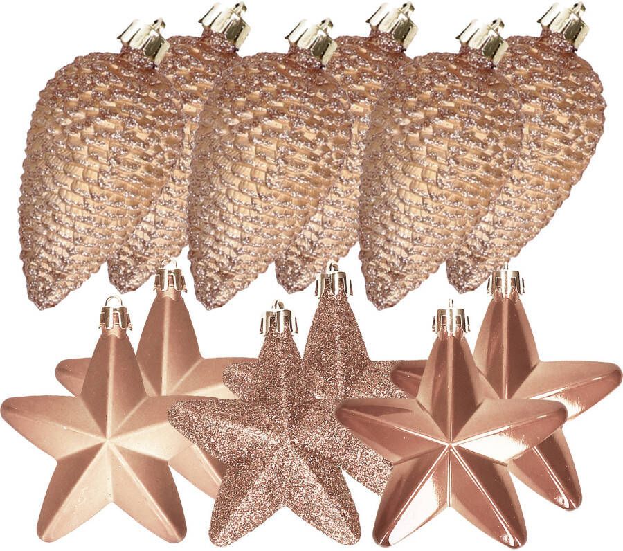 Decoris Dennenappels en sterren kerstornamenten 12x stuks kunststof bruin Kersthangers