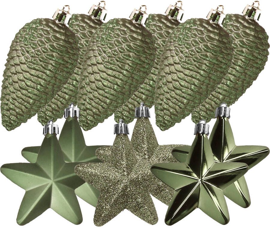 Decoris Dennenappels en sterren kerstornamenten 12x stuks kunststof mosgroen Kersthangers