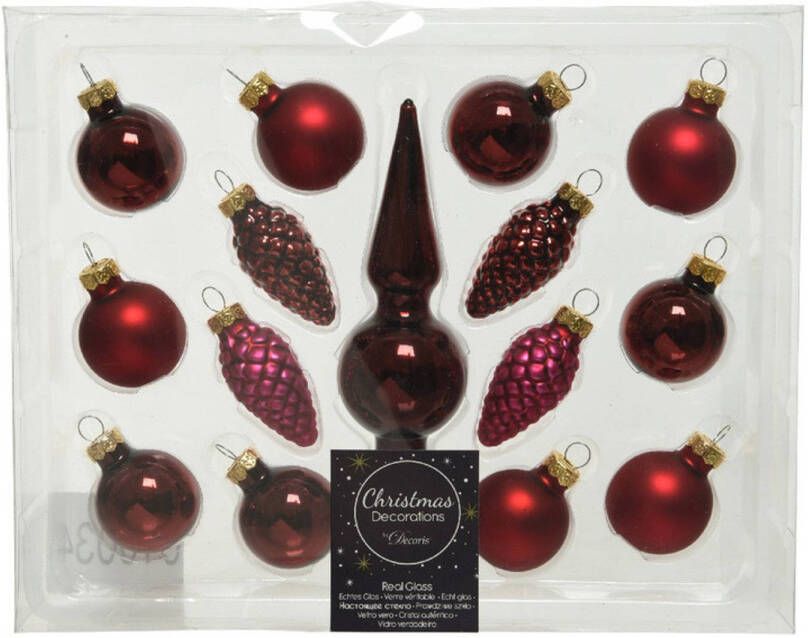Decoris Donkerrode glazen kerstballen 3 cm en piek set voor mini kerstboom 15-dlg Kerstbal