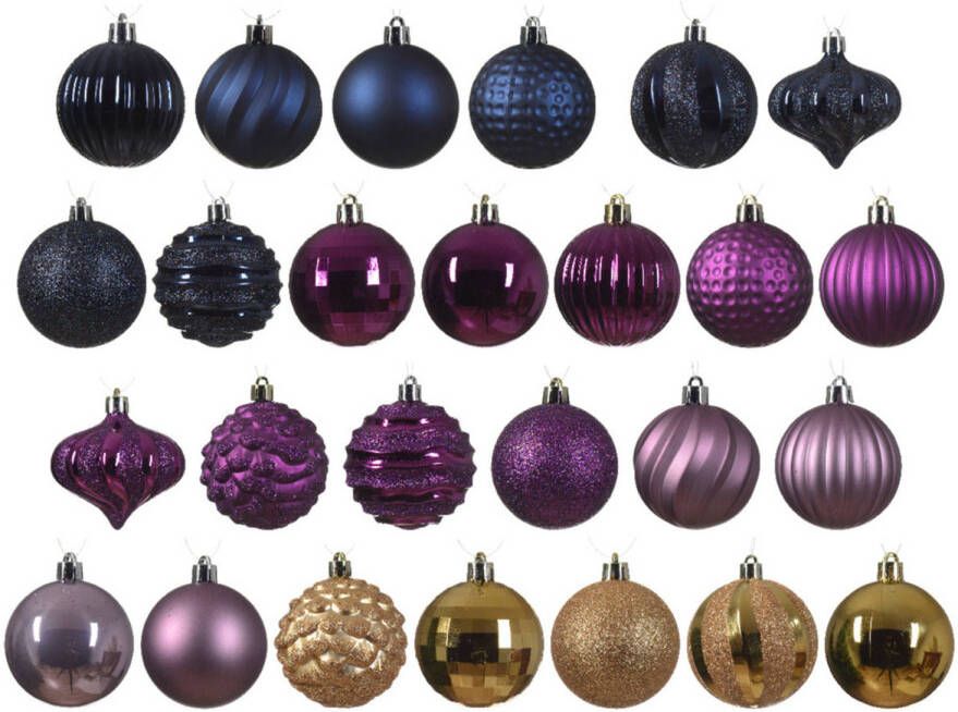 Decoris gedecoreerde kerstballen 30x -plastic -blauw goud paars- 7cm Kerstbal