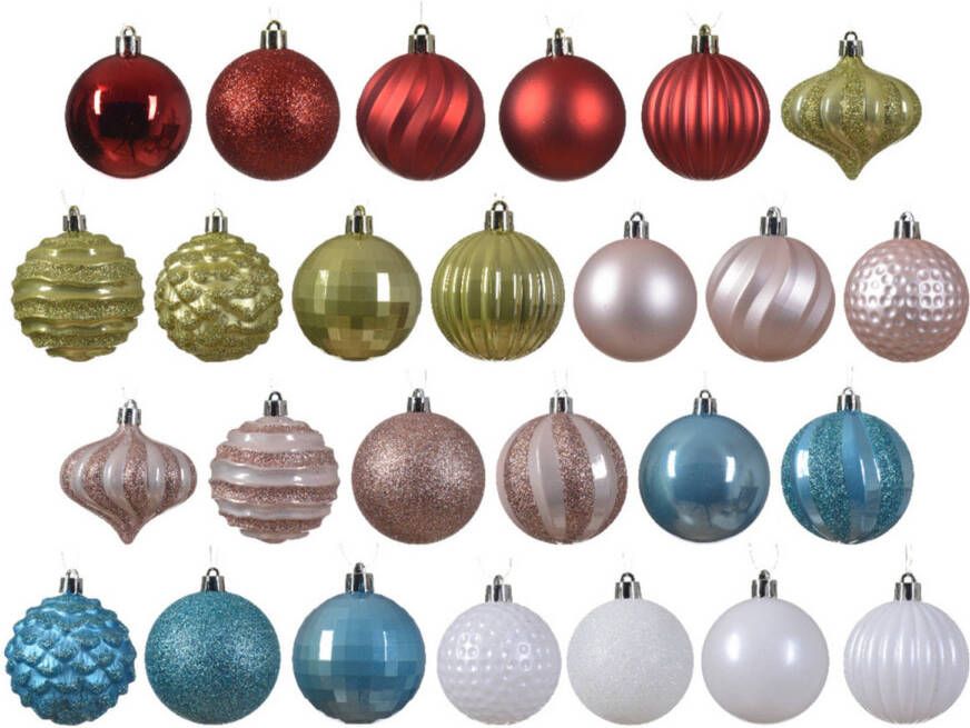 Decoris gedecoreerde kerstballen 30x -plastic gekleurd- 7cm Kerstbal