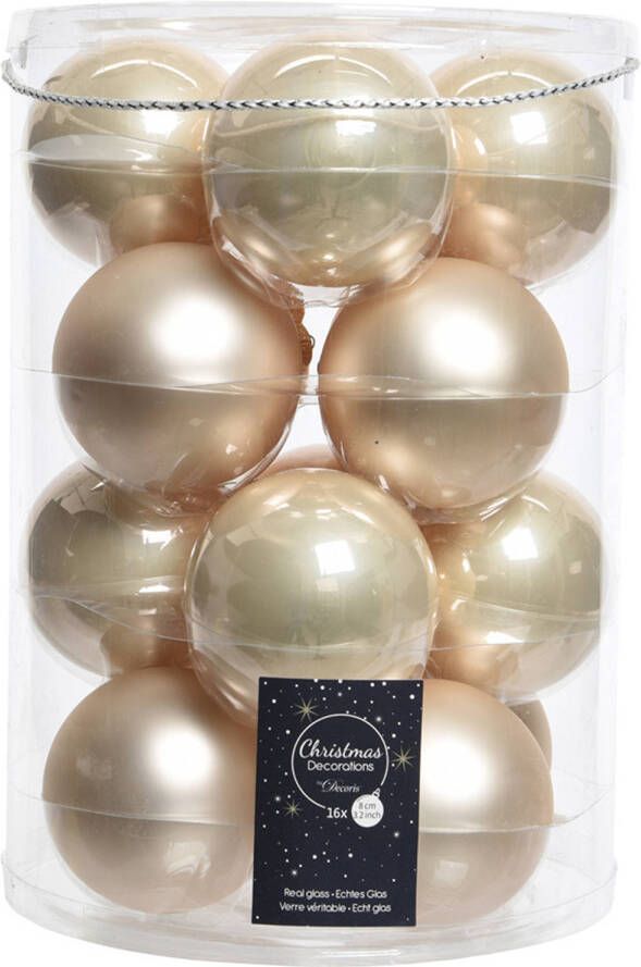 Decoris glazen kerstballen 16x stuks champagne 8 cm mat glans Kerstbal