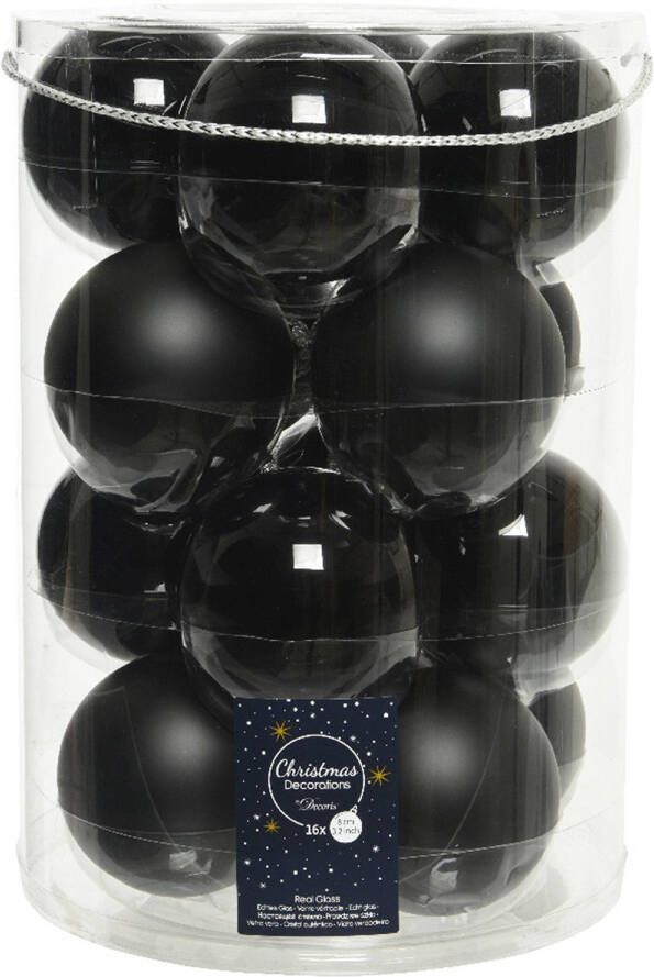 Decoris glazen kerstballen 16x stuks zwart 8 cm mat glans Kerstbal
