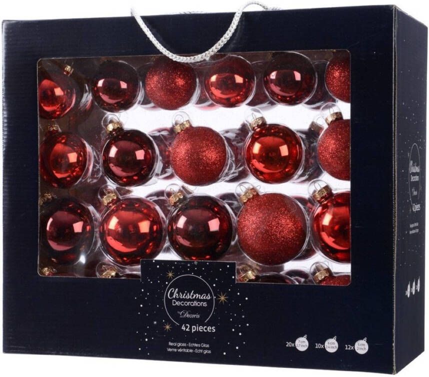 Decoris Glazen kerstballen mix rood 42 delig glimmend en glitter Kerstbal