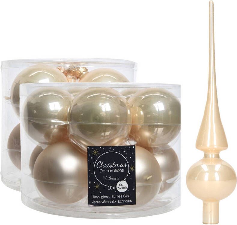 Decoris Glazen kerstballen pakket champagne glans mat 32x stuks inclusief piek glans Kerstbal