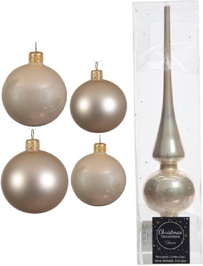 Decoris Glazen kerstballen pakket champagne glans mat 38x stuks 4 en 6 cm met piek glans Kerstbal