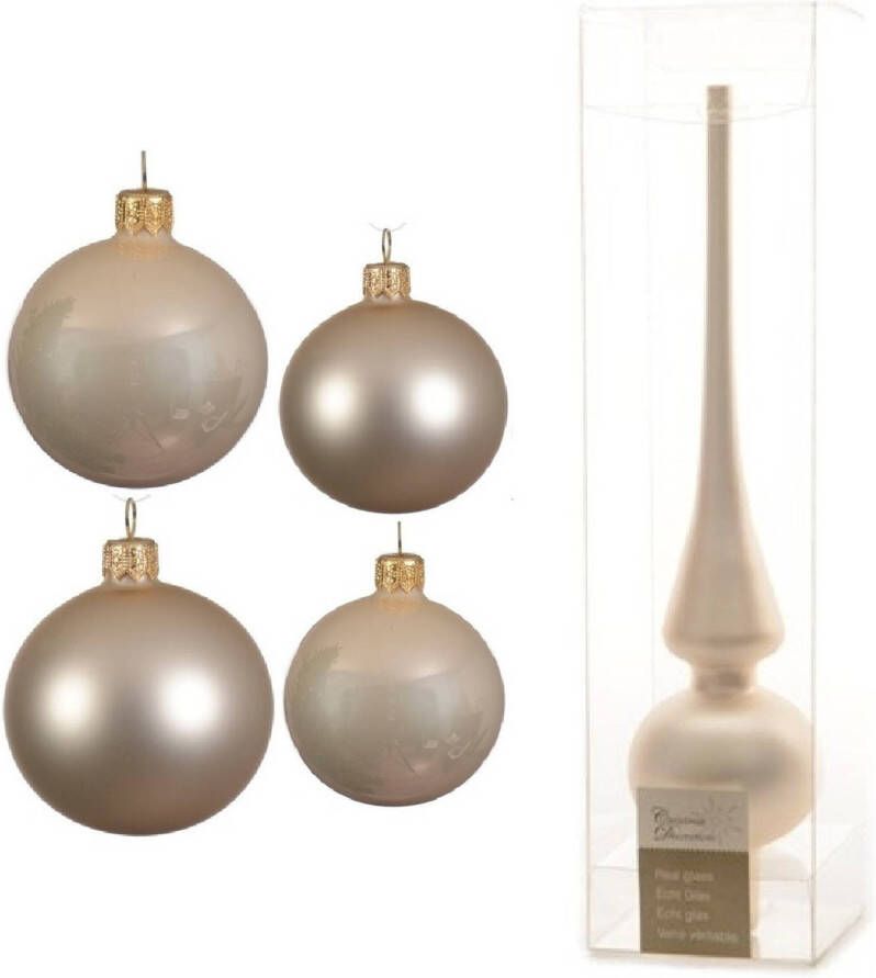 Decoris Glazen kerstballen pakket champagne glans mat 38x stuks 4 en 6 cm met piek mat Kerstbal