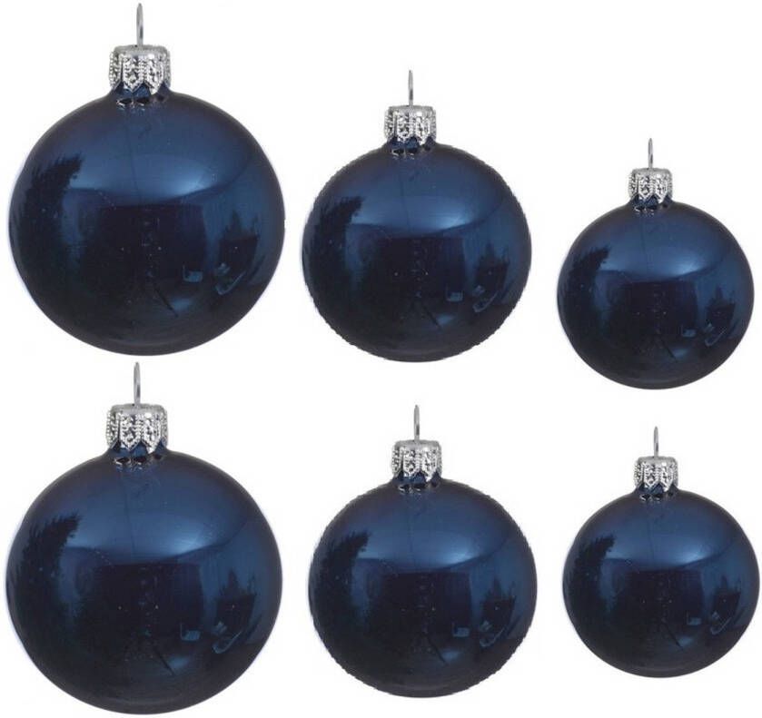 Decoris Glazen kerstballen pakket donkerblauw glans 16x stuks diverse maten Kerstbal
