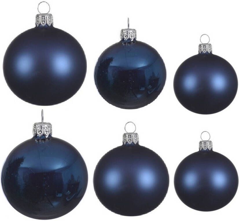 Decoris Glazen kerstballen pakket donkerblauw glans mat 16x stuks diverse maten Kerstbal