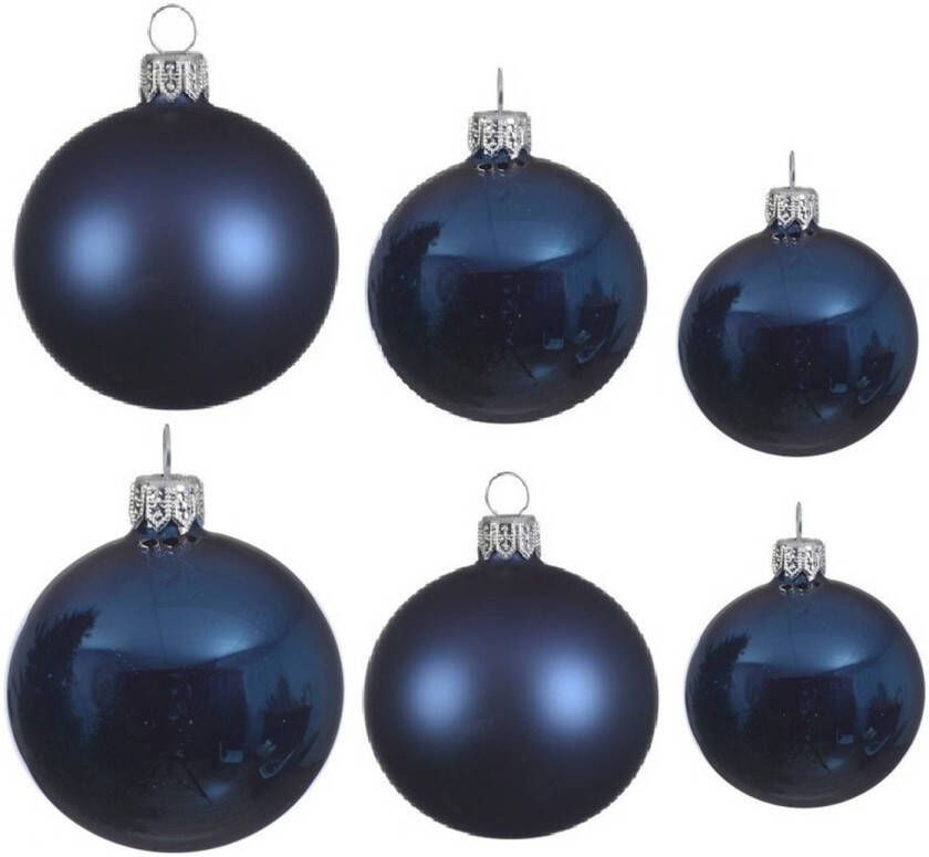 Decoris Glazen kerstballen pakket donkerblauw glans mat 16x stuks diverse maten Kerstbal