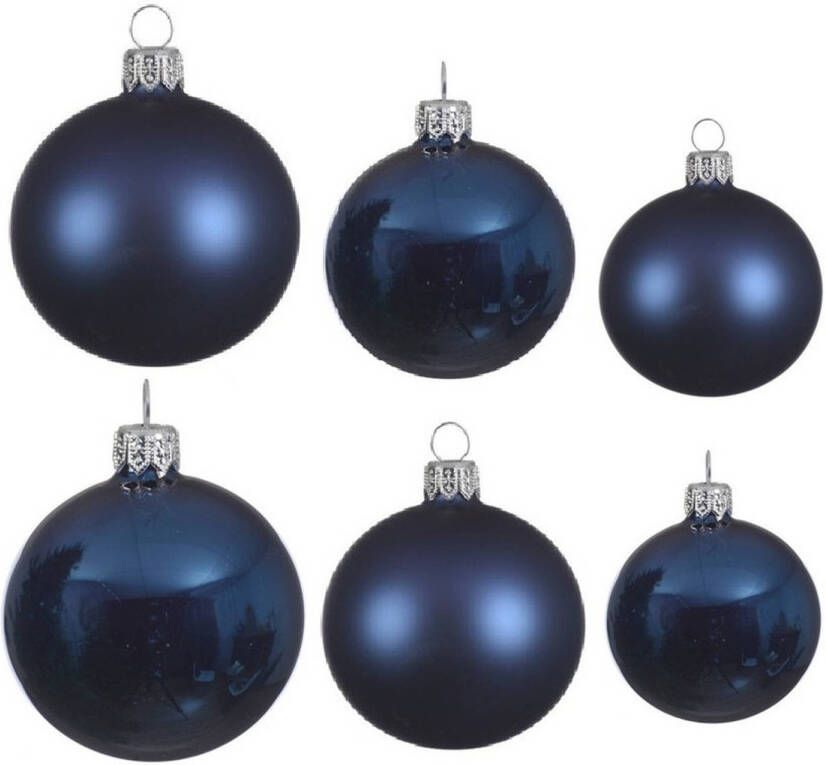 Decoris Glazen kerstballen pakket donkerblauw glans mat 26x stuks diverse maten Kerstbal
