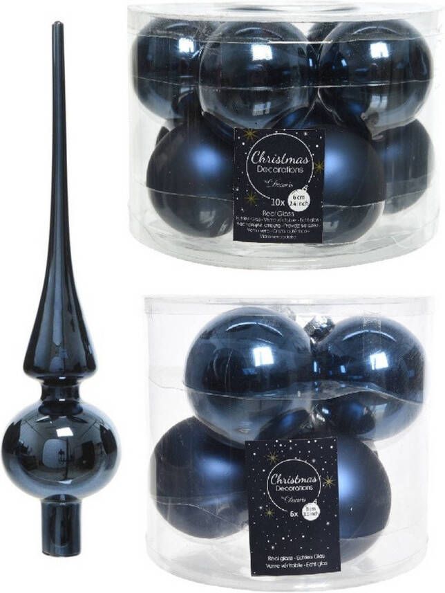 Decoris Glazen kerstballen pakket donkerblauw glans mat 32x stuks inclusief piek glans Kerstbal