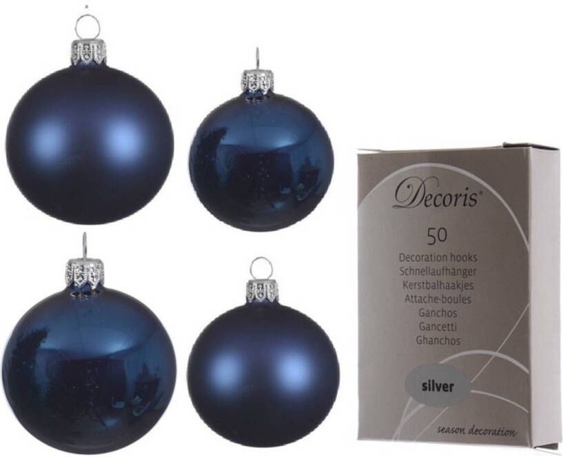 Decoris Glazen kerstballen pakket donkerblauw glans mat 38x stuks 4 en 6 cm inclusief haakjes Kerstbal