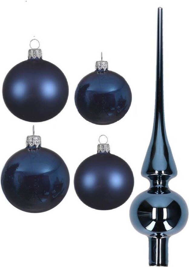 Decoris Glazen kerstballen pakket donkerblauw glans mat 38x stuks 4 en 6 cm met piek glans Kerstbal
