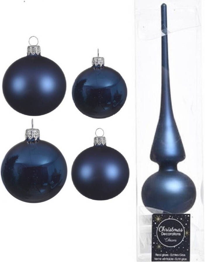 Decoris Glazen kerstballen pakket donkerblauw glans mat 38x stuks 4 en 6 cm met piek mat Kerstbal