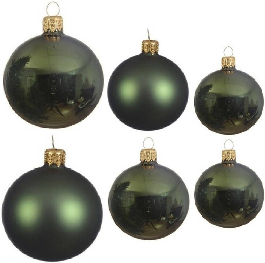 Decoris Glazen kerstballen pakket donkergroen glans mat 16x stuks diverse maten Kerstbal