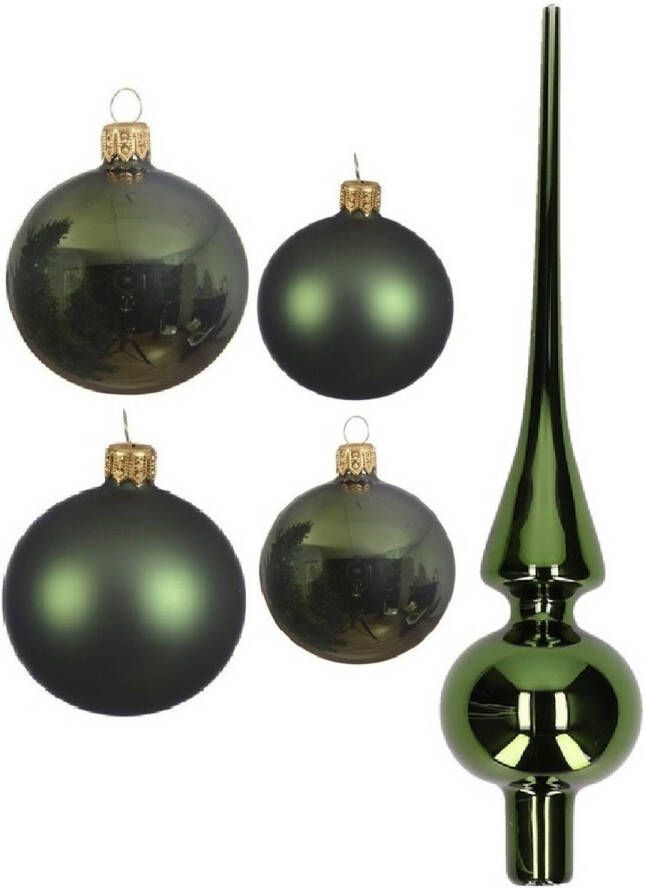 Decoris Glazen kerstballen pakket donkergroen glans mat 38x stuks 4 en 6 cm met piek glans Kerstbal