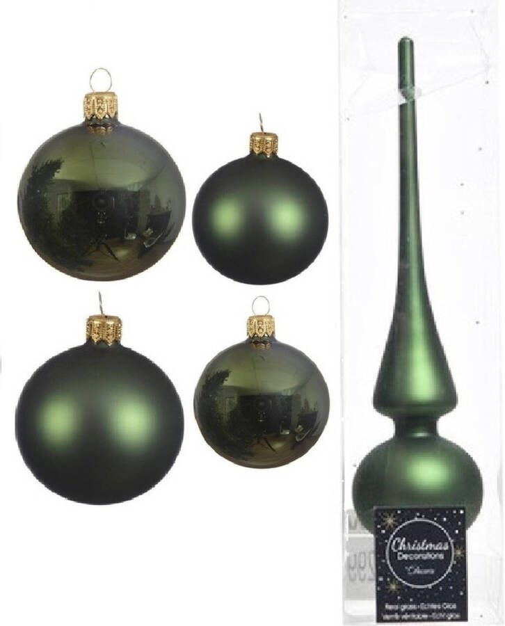 Decoris Glazen kerstballen pakket donkergroen glans mat 38x stuks 4 en 6 cm met piek mat Kerstbal