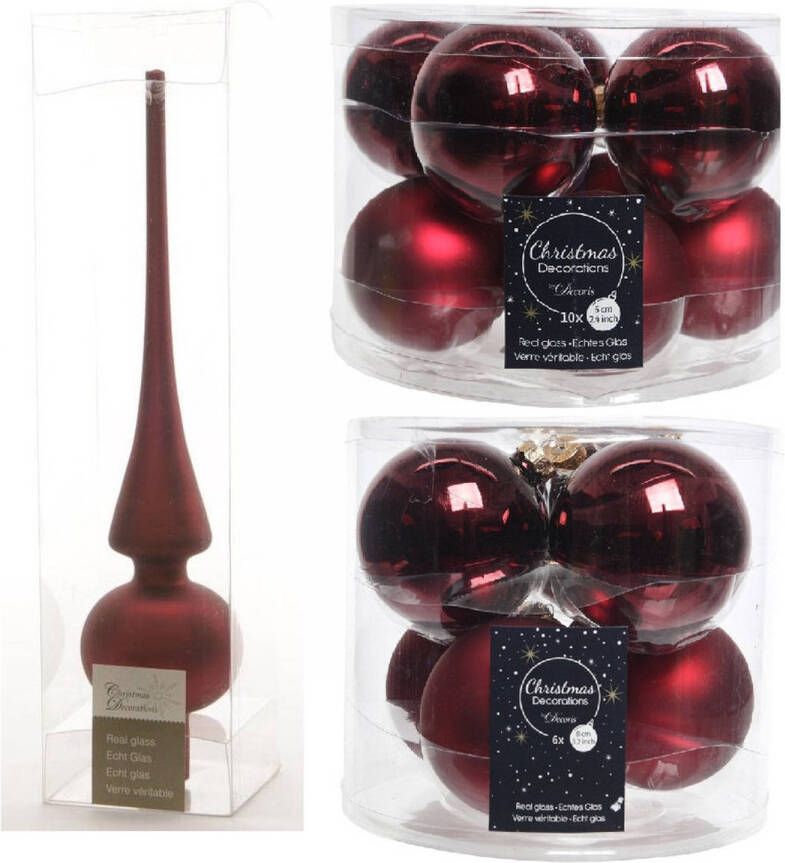 Decoris Glazen kerstballen pakket donkerrood glans mat 32x stuks inclusief piek mat Kerstbal