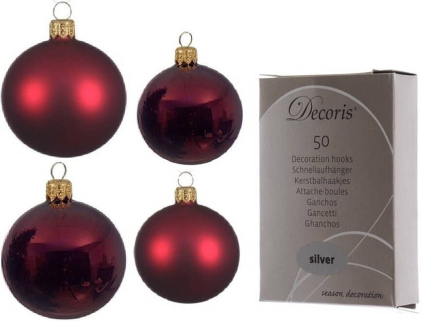 Decoris Glazen kerstballen pakket donkerrood glans mat 38x stuks 4 en 6 cm inclusief haakjes Kerstbal