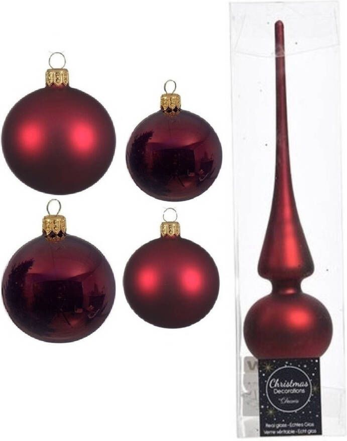 Decoris Glazen kerstballen pakket donkerrood glans mat 38x stuks 4 en 6 cm met piek mat Kerstbal