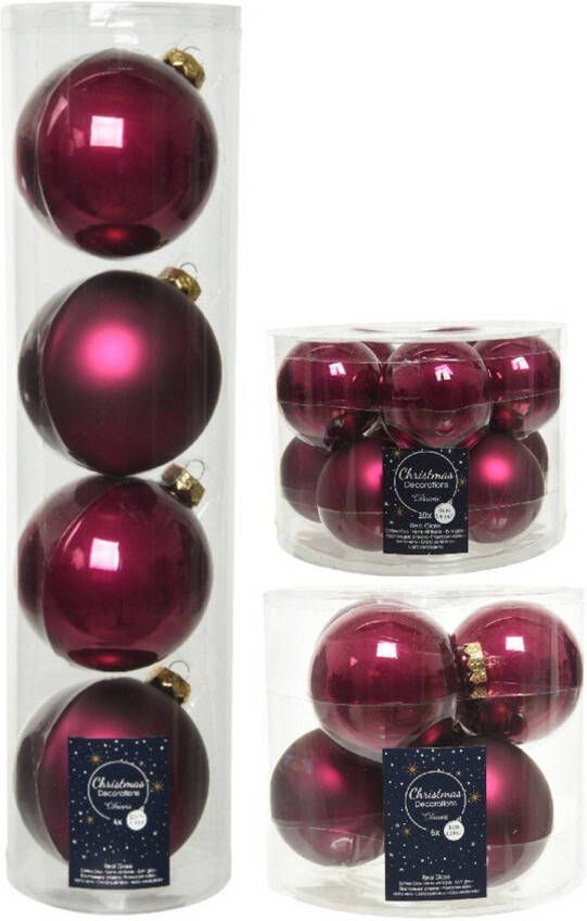 Decoris Glazen kerstballen pakket framboos roze glans mat 26x stuks diverse maten Kerstbal