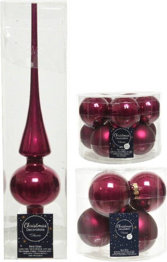 Decoris Glazen kerstballen pakket framboos roze glans mat 32x stuks inclusief piek glans Kerstbal