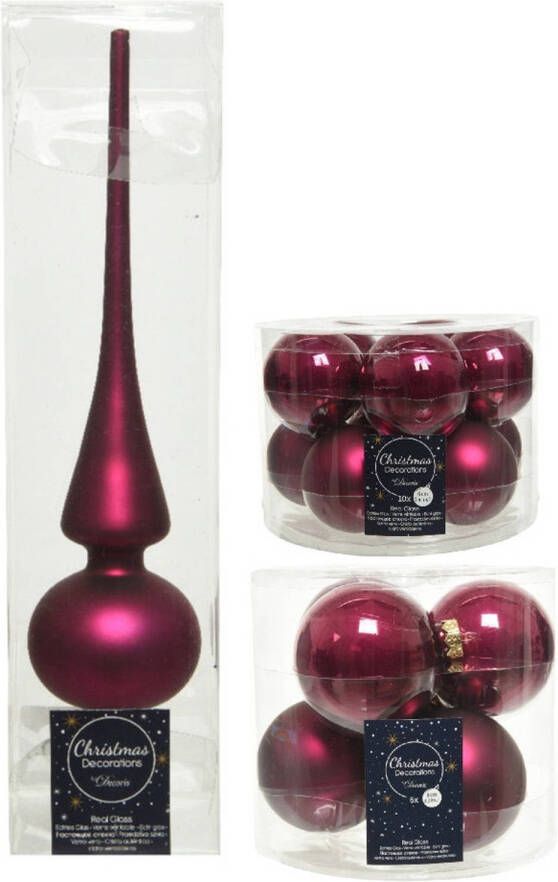 Decoris Glazen kerstballen pakket framboos roze glans mat 32x stuks inclusief piek mat Kerstbal