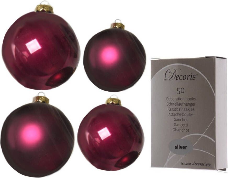 Decoris Glazen kerstballen pakket framboos roze glans mat 38x stuks 4 en 6 cm inclusief haakjes Kerstbal