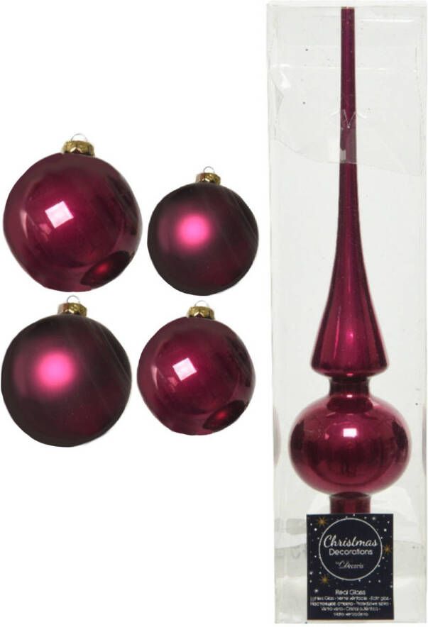 Decoris Glazen kerstballen pakket framboos roze glans mat 38x stuks 4 en 6 cm met piek glans Kerstbal