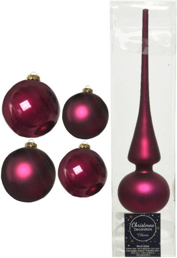 Decoris Glazen kerstballen pakket framboos roze glans mat 38x stuks 4 en 6 cm met piek mat Kerstbal