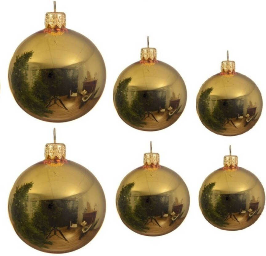 Decoris Glazen kerstballen pakket goud glans 16x stuks diverse maten Kerstbal
