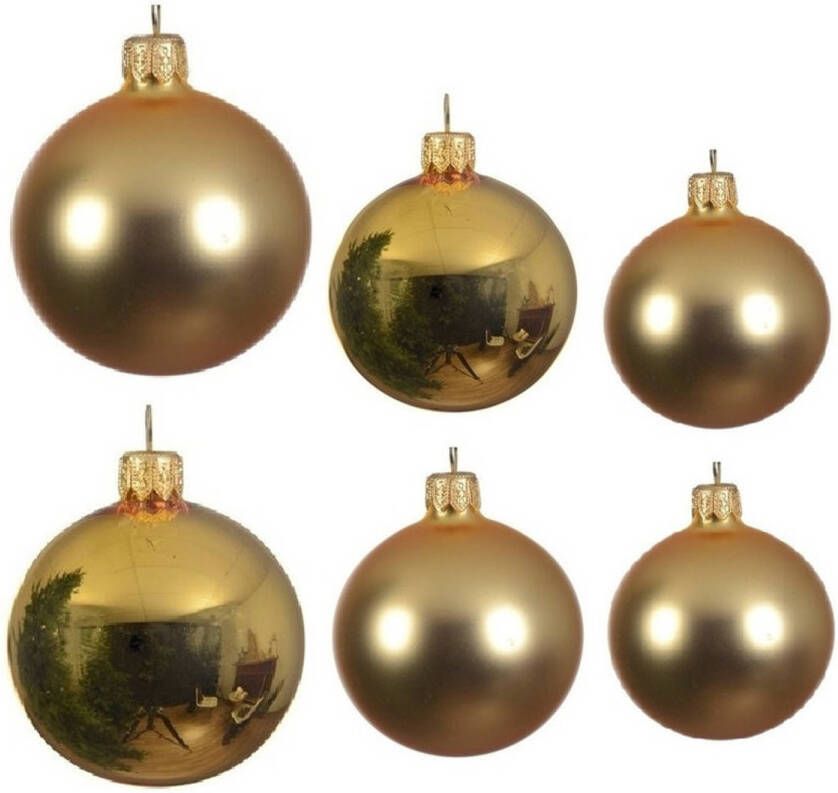Decoris Glazen kerstballen pakket goud glans mat 16x stuks diverse maten Kerstbal