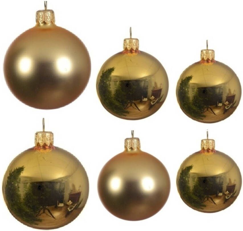 Decoris Glazen kerstballen pakket goud glans mat 16x stuks diverse maten Kerstbal