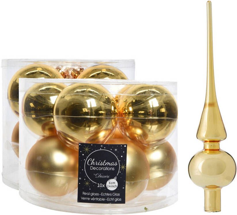 Decoris Glazen kerstballen pakket goud glans mat 32x stuks inclusief piek glans Kerstbal
