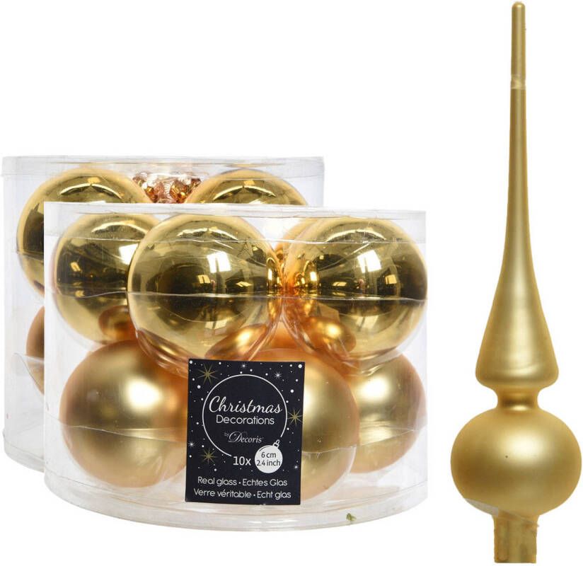 Decoris Glazen kerstballen pakket goud glans mat 32x stuks inclusief piek mat Kerstbal