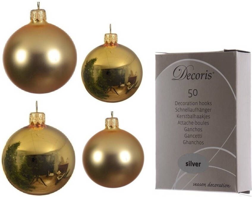 Decoris Glazen kerstballen pakket goud glans mat 38x stuks 4 en 6 cm inclusief haakjes Kerstbal