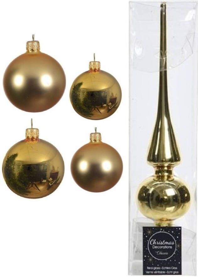 Decoris Glazen kerstballen pakket goud glans mat 38x stuks 4 en 6 cm met piek glans Kerstbal