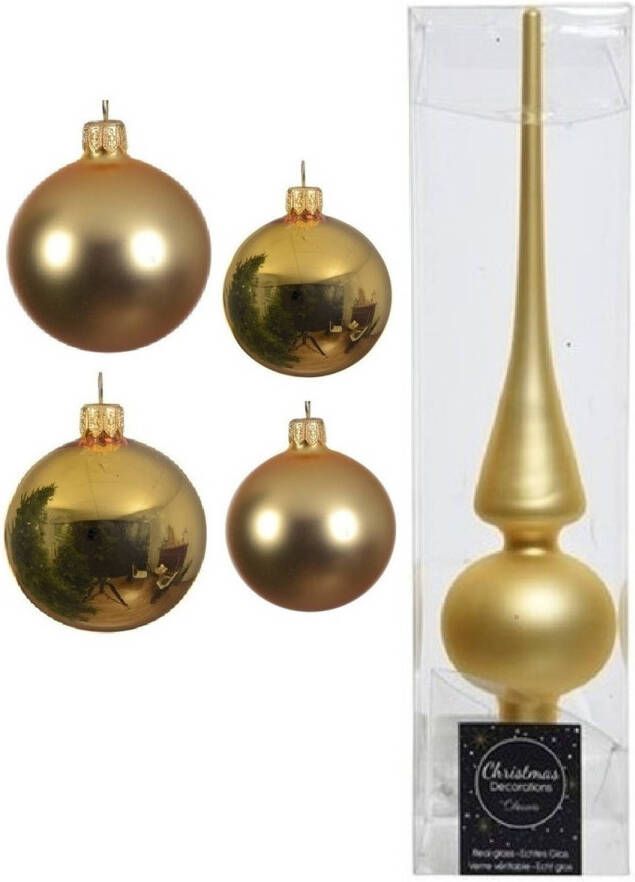 Decoris Glazen kerstballen pakket goud glans mat 38x stuks 4 en 6 cm met piek mat Kerstbal