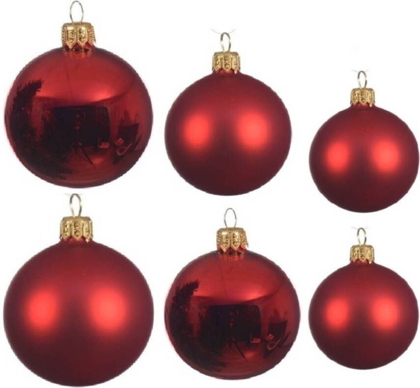 Decoris Glazen kerstballen pakket kerstrood glans mat 16x stuks diverse maten Kerstbal
