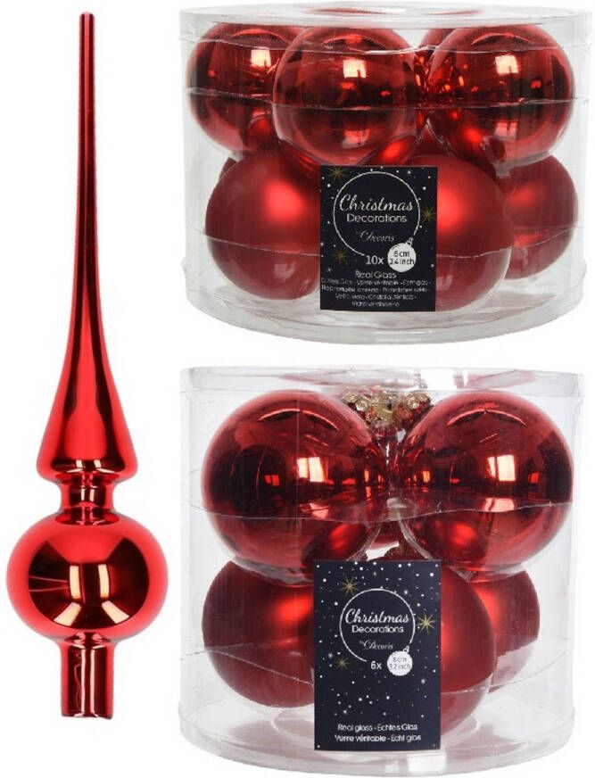 Decoris Glazen kerstballen pakket kerstrood glans mat 32x stuks inclusief piek glans Kerstbal