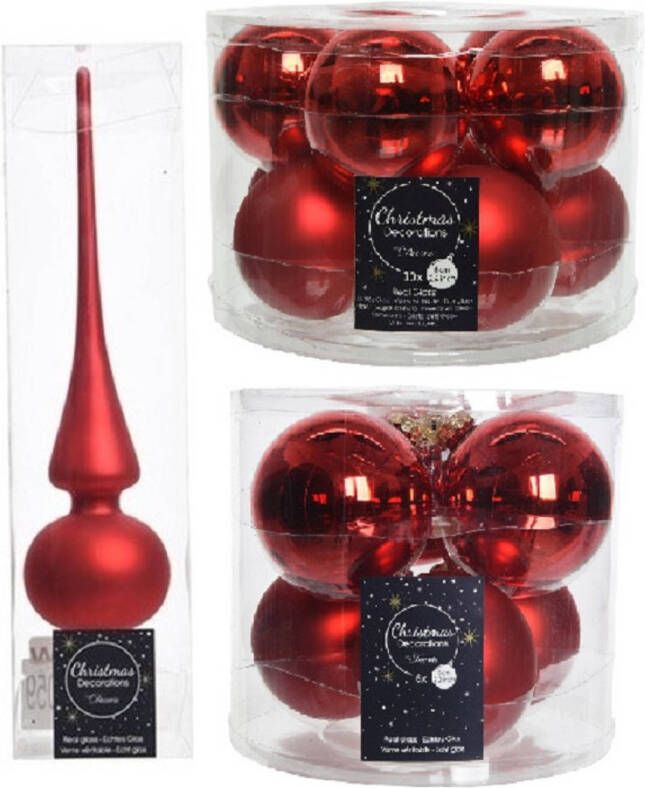 Decoris Glazen kerstballen pakket kerstrood glans mat 32x stuks inclusief piek mat Kerstbal
