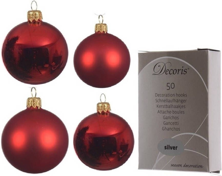 Decoris Glazen kerstballen pakket kerstrood glans mat 38x stuks 4 en 6 cm inclusief haakjes Kerstbal