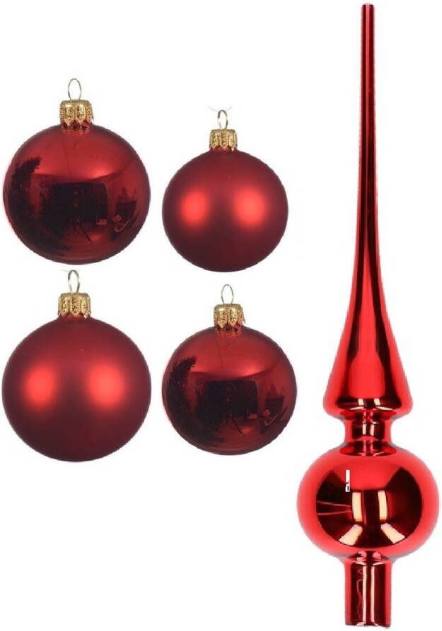 Decoris Glazen kerstballen pakket kerstrood glans mat 38x stuks 4 en 6 cm met piek glans Kerstbal